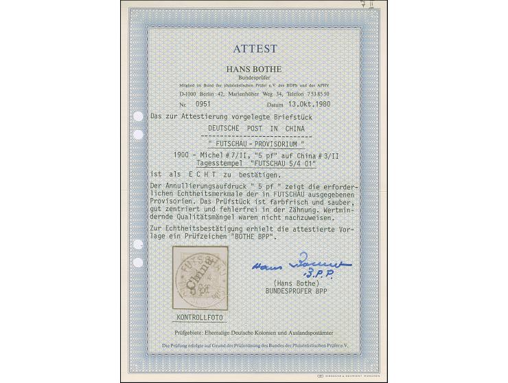 1900, Futschau Provisorium mit steilem Aufdruck 5 pf. auf 10 Pfg., sauber mit klarem EKr. “FUTSCHAU 5/4 01” auf Briefstück, t