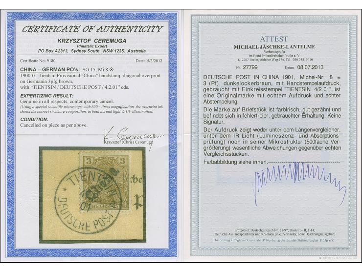 1900, Handstempel 3 Pfg., farbfrisch und gut gezähnt, sauber mit Stempel “TIENTSIN 4/2 01” auf Briefstück, tadellos, Fotoatte