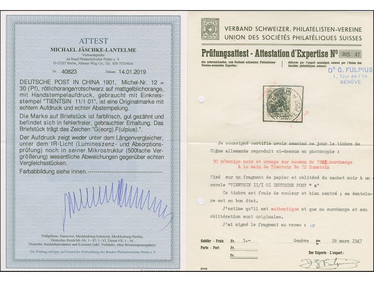 1900, Handstempel 30 Pfg., farbfrisch und gut gezähnt, sauber mit Stempel “TIENTSIN 11/1 01” auf Briefstück, tadellos, ein se