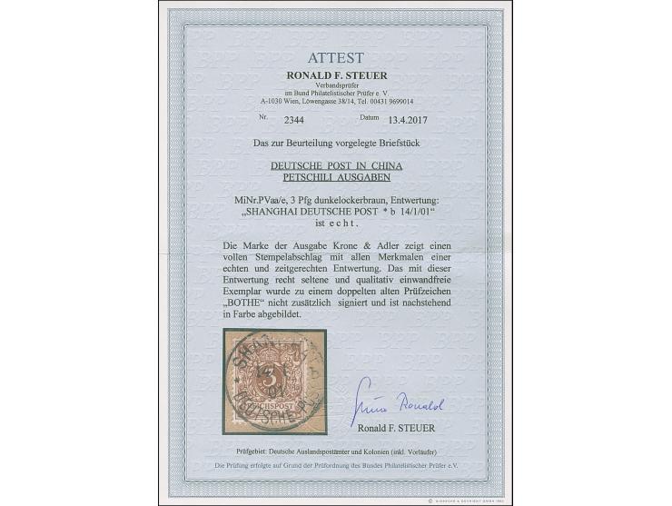 PETSCHILI: Krone/Adler 3 Pfg. dunkelockerbraun, farbfrisch und gut gezähnt, sauber mit klarem EKr. “SHANGHAI 14/1 01” auf Bri