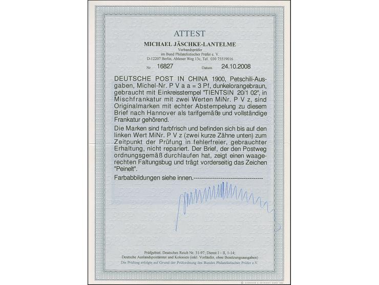 PETSCHILI: Germania 3 Pfg. dunkelorangebraun, zwei Einzelwerte zusammen mit Germania 2 Pfg. grau, farbfrisch und bis auf den 