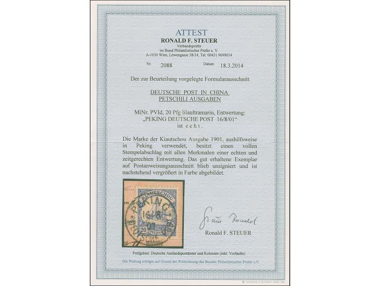 PETSCHILI: Kiaoutschou 20 Pfg. lilaultramarin, farbfrisch und gut gezähnt, sauber mit EKr. “PEKING 16/08 01” auf Postanweisun