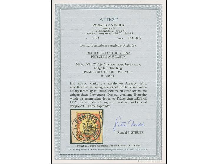 PETSCHILI: Kiaoutschou 25 Pfg. rötlichorange/gelbschwarz, farbfrisch und gut gezähnt, sauber mit EKr. “PEKING 7/06 01” auf Br