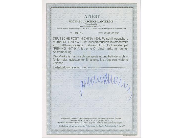 PETSCHILI: Kiaoutschou 50 Pfg. dunkelbräunlichlila/rotschwarz, farbfrisch und gut gezähnt, sauber mit EKr. “PEKING 9/7 01" en