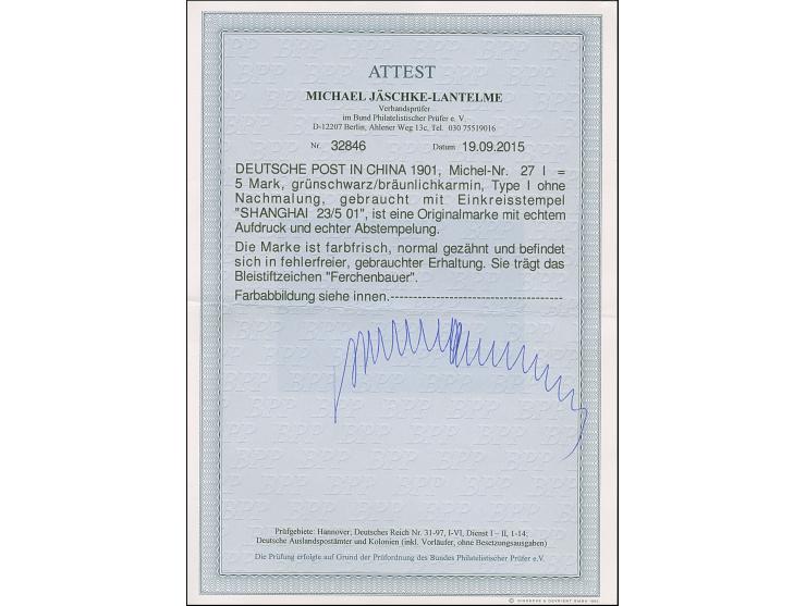 1901, Reichspost 5 M., Type I ohne Nachmalung, farbfrisch und normal gezähnt, sauber gestempelt “SHANGHAI 23/5 01”, tadellos,