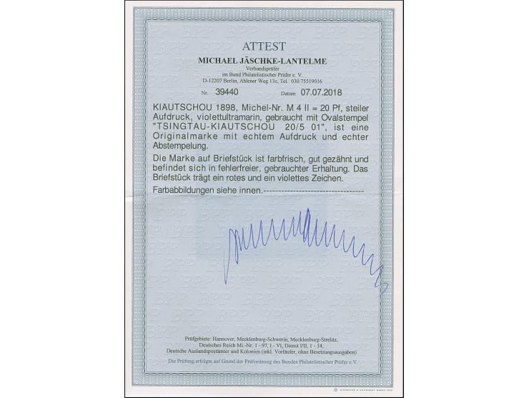 1898/1901, China Steiler Aufdruck 20 Pfg. violetultramarin, farbfrisch und gut gezähnt, sauber mit Bahnpoststempel “TSINGTAU-