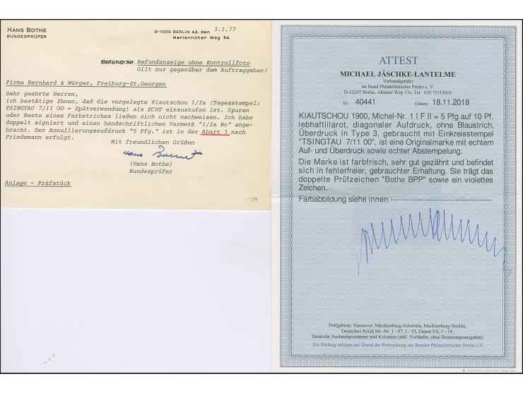 1900, 1. Tsingtau-Ausgabe, Diagonaler Aufdruck, 5 auf 10 Pfg. lebhaftlilarot, Aufdrucktype 3, ohne Blaustrich, farbfrisch und