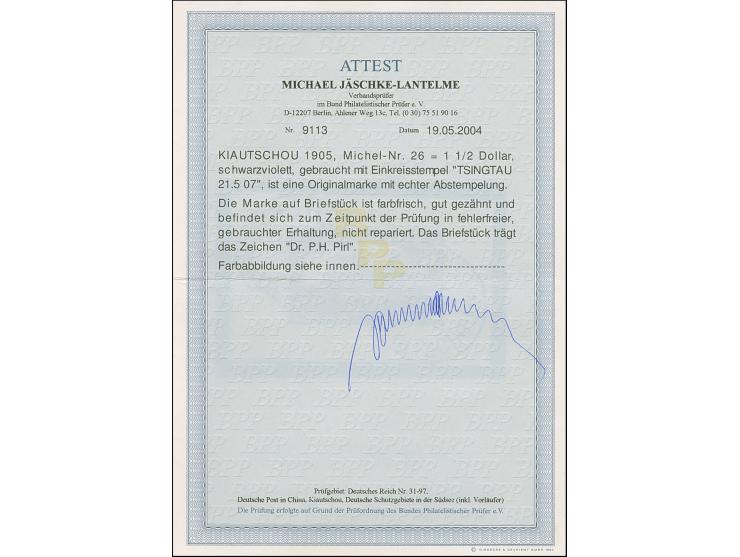 1905, Kaiseryacht 1½ $. schwarzviolett, 26:17 Zähnungslöcher, farbfrisch und gut gezähnt, sauber mit EKr. “TSINGTAU 21 5 07” 