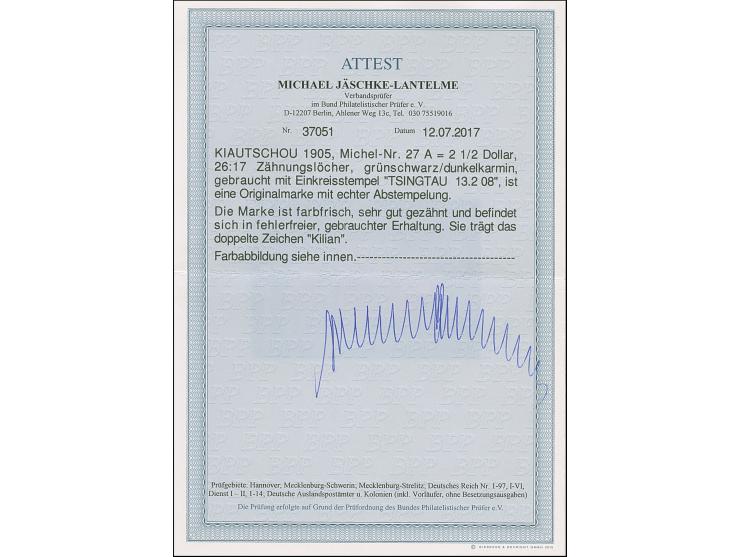 1905, Kaiseryacht 2½ $. grünschwarz/dunkelkarmin, 26:17 Zähnungslöcher, farbfrisch und gut gezähnt, sauber mit EKr. “TSINGTAU
