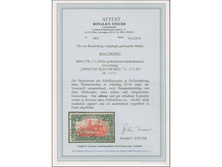 1905, Kaiseryacht 2½ $. grünschwarz/dunkelkarmin, 25:16 Zähnungslöcher, farbfrisch und gut gezähnt, sauber mit “TSINGTAU 1.11