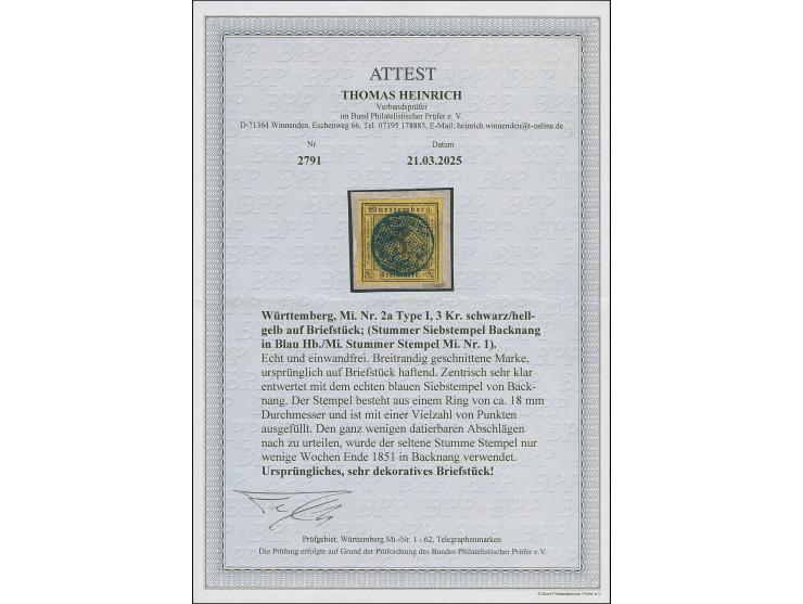 BACKNANG, der stumme Siebstempel, zentrisch und klar abgeschlagen auf 3 Kr. auf gelb, allseits breitrandig, auf kleine Briefs