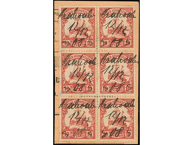 "Arahoab 12/12 08" jeweils sauber handschriftlich auf senkrechtem 6er-Block 10 Pfg. auf Postanweisungsabschnitt mit Ankunftss