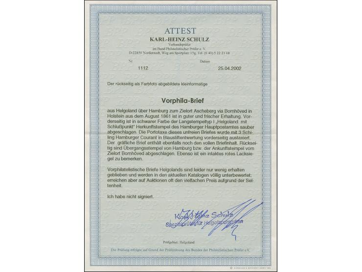 1853, "HELGOLAND." klarer Abschlag des Hamburger L1 auf Briefkuvert mit vollem Inhalt via Hamburg mit mit dänischem DKr. “K.D