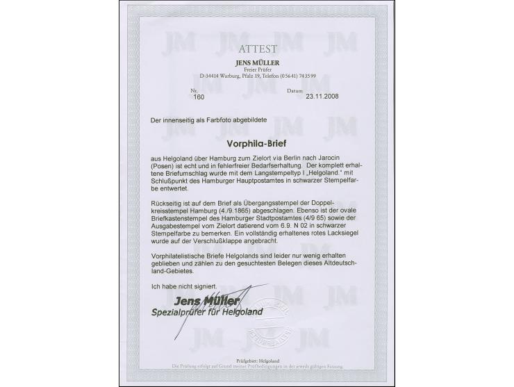 1853, "HELGOLAND." klarer Abschlag des Hamburger L1 auf Briefkuvert via Hamburg mit mit preußischem DKr. “HAMBURG 28/8 65” na