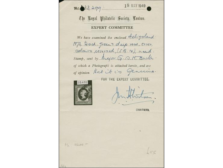 ¼ Sch. grün/karmin, der Fehldruck, farbfrisch und gut gezähnt, sauber mit Kreisbogenstempel "HELIGOLAND" entwertet, mit den ü