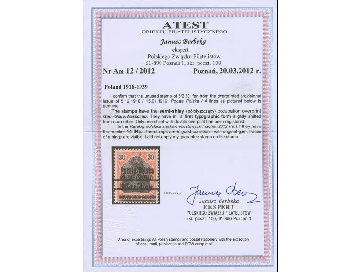 1918, Germania 30 Pfg., “Gen.-Gouv. Warschau” with variety semi-glossy double overprint, unused, very fine. A very scarce sta