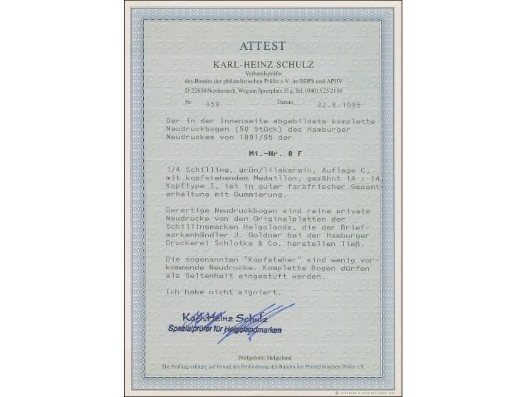 HAMBURGER: 1891/95, ¼ Schilling grün/karmin, der Fehldruck, mit kopfstehendem Medaillon, postfrisch, Falze im Rand, 5 Marken 