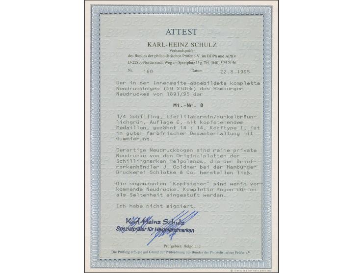 HAMBURGER: 1891/95, ¼ Schilling lilakarmin/dunkelgrün, mit kopfstehendem Medaillon, postfrisch, Falze im Rand, tadellos, selt