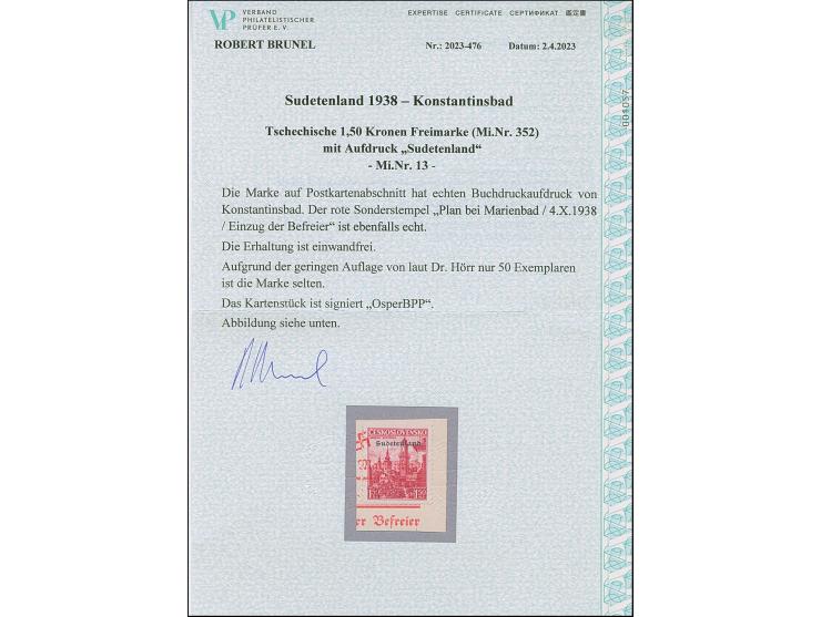 1938, Neusohl 1,50 Kc., farbfrisch und gut gezähnt, sauber mit rotem Befreiungsstempel auf Briefstück, tadellos, eine sehr se