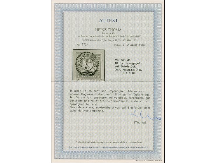 1865, Wappen 18 Kr. orange, farbfrisch und gut durchstochen, links winzig uneben, sauber mit fast zentrischem DKr. “NEUENBURG