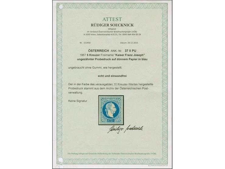 1867, Probedruck Franz Joseph 5 Kr. blau, ungezähnter Einzelabzug in blau auf dünnem, ungummierten Papier, tadellos, selten, 