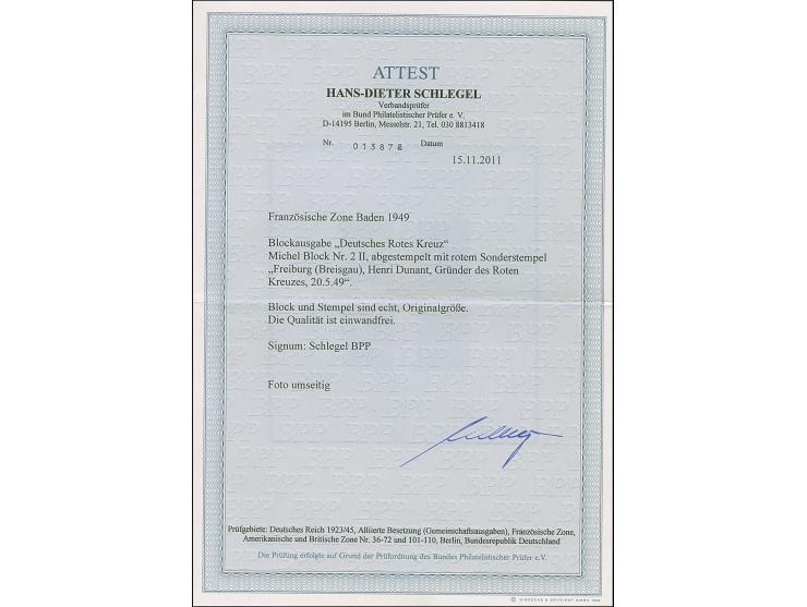 1949, Rot Kreuz-Block, Type II, sauber mit rotem Sonderstempel „FREIBURG 20.5.49“, tadellos, Fotoattest D. Schlegel BPP (2011