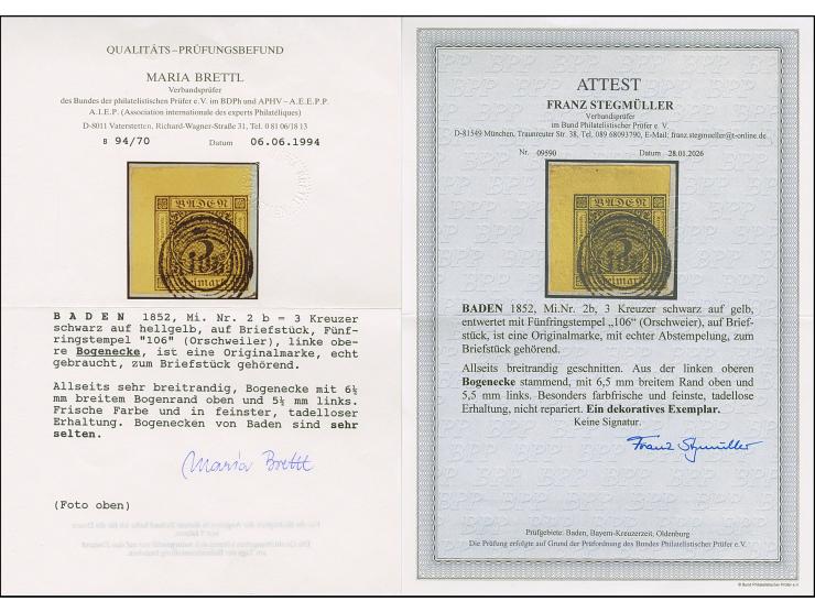 3 Kr. auf gelb,, allseits breitrandige linke obere Bogenecke mit ca. 5,5/6,5 mm Bogenrändern, mit sauber aufgesetzter Nr. "10