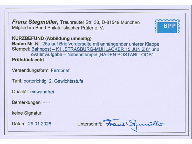 "STRASBURG-MÜHLACKER 15 JUN Z6", EKr. sauber auf- und nebengesetzt auf 1868, 7 Kr. blau, auf Briefvorderseite mit anhängender