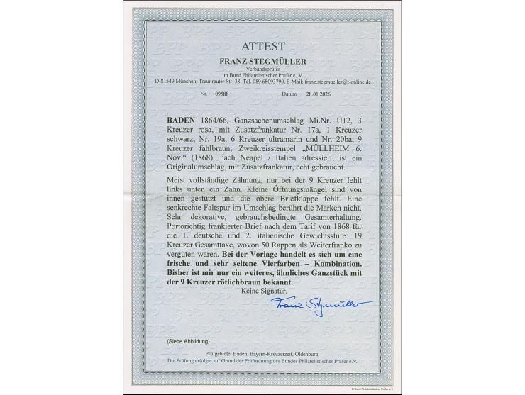 1 Kr. schwarz, 6 Kr. ultramarin und 9 Kr. fahlbraun mit DKr. "MÜLHEIM 6. Nov." (1868) als Zufrankatur auf Ganzsachenumschlag 