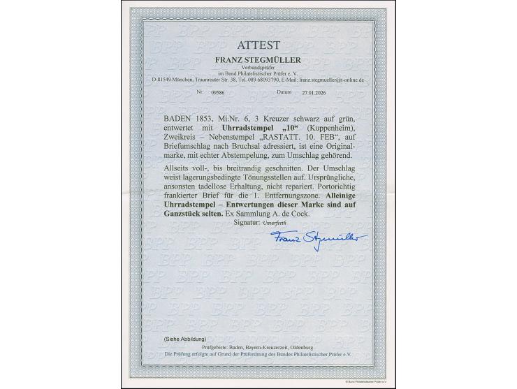 3 Kr. auf grün, voll- bis breitrandig, mit zentrisch auf- und zusätzlich nebengesetztem Uhrradstempel "10" (Kuppenheim) und n