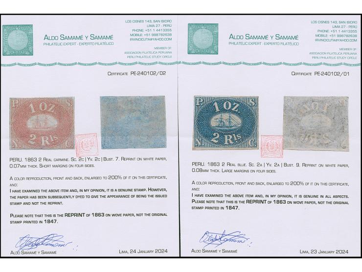 1863, Pacific steam navigation company 2 r. blue and carmine on white paper, reprints of 1863, one with full, the other with 