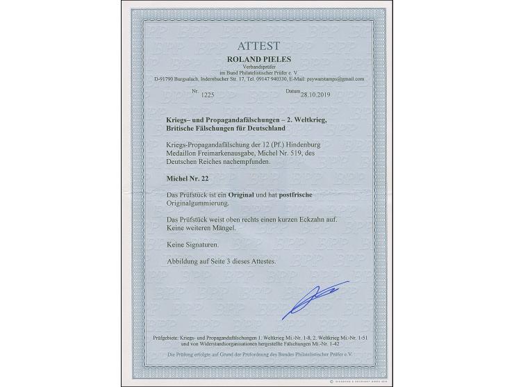 Britische Fälschungen für Deutschland: 1939, Hindenburg 12 Pfg. karmin, postfrisch, oben ein kurzer Eckzahn, sonst tadellos, 