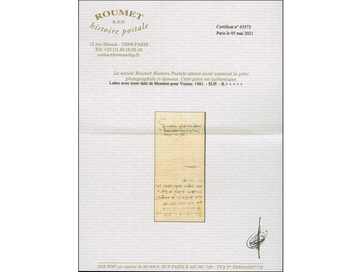 1481, merchant's letter written in Mondon on 28. November 1481 via Lyon to Venice, early forerunner from France to Italy carr