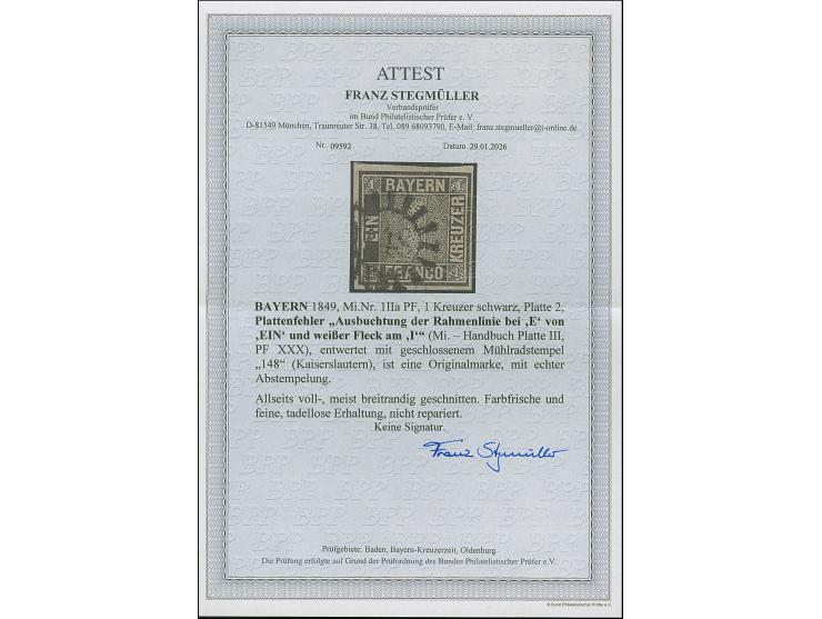 1 Kr. schwarz, Platte 2, Plattenfehler 'Ausbuchtung der Rahmenlinie bei E', farbfrisch und voll- bis breitrandig, sauber entw