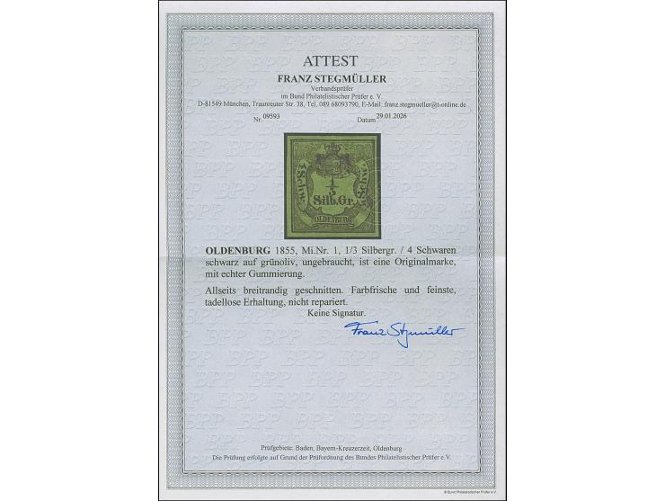 1855, ⅓ Sgr. auf grün, farbfrisch und allseits breitrandig, ungebraucht mit Originalgummi. Tadellos. Fotoattest Stegmüller BP