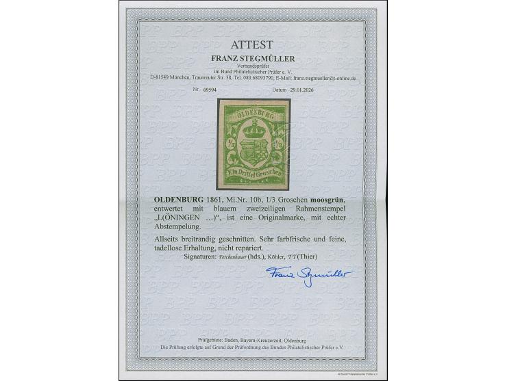 1861, ⅓ Sgr. moosgrün, farbfrisch und allseits breitrandig, leicht entwertet durch Ra. von Löningen. Tadellos. Fotoattest Ste
