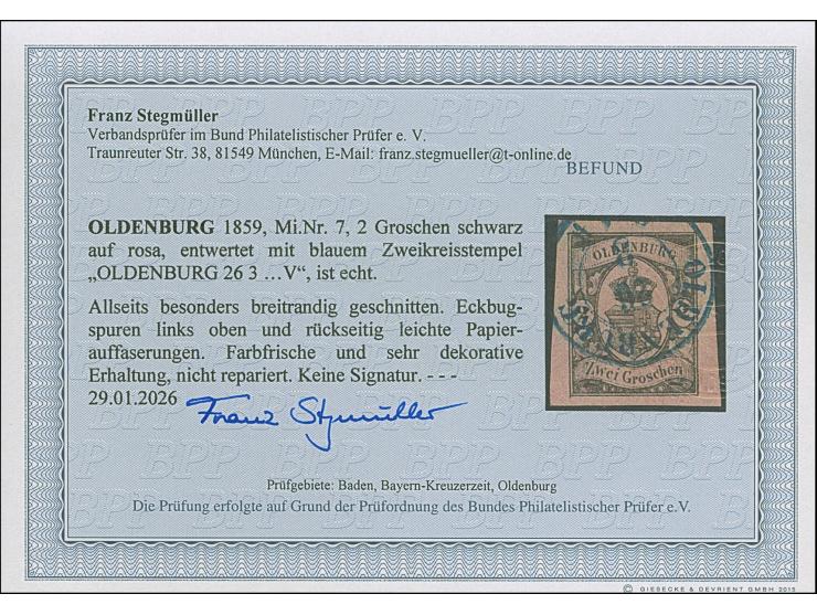 1859, 2 Sgr. auf mattrötlichkarmin, farbfrisch und allseits sehr breitrandig, sauber entwertet durch blauen DKr. "OLDENBURG 2