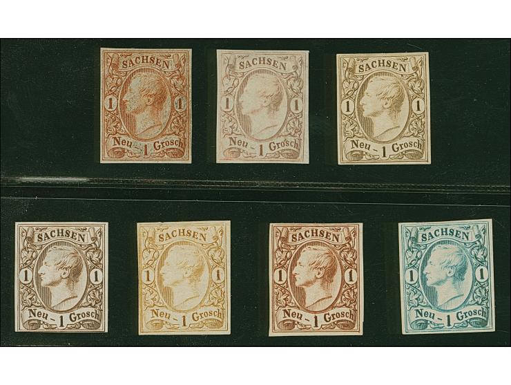 Meinholdsche Farbproben vom Januar 1856: 1 Ngr., 7 Stück in verschiedenen Farben/Nuancen, dabei die später verausgabten. Ungu