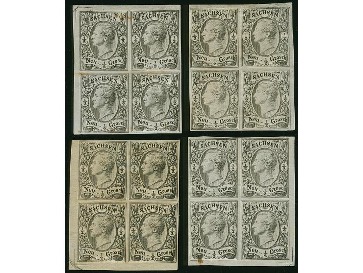 ½ Ngr. auf mattgrau, Eckrandviererblocks aus allen 4 Ecken des Druckbogens, mit breiten Bogenrändern, 3 Stück mit kpl. Eckwin