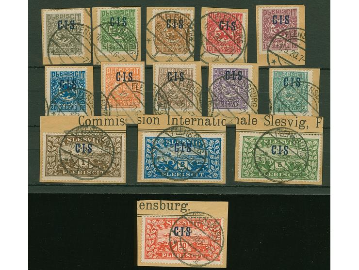 1920, C.I.S. 2 ½ Pfg. – 10 M., je mit sauberem Stempel "FLENSBURG 1k 10.2.20" auf Briefstücken. Einwandfrei. Fotoattest Grube