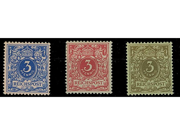 1890, Krone/Adler 3 Pfg. als Netzaufdruckprobe rosa auf dunkelblau, graublau auf karmin und grün auf graubraun, ungebraucht, 