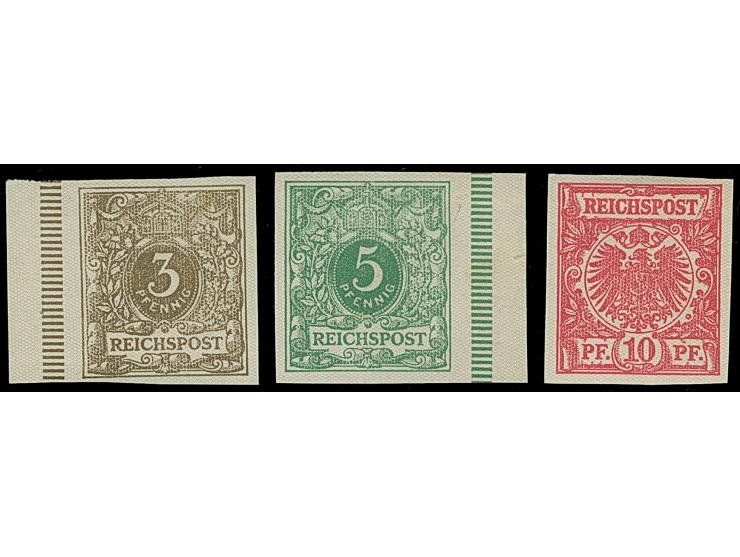 1890, Krone/Adler 3-10 Pfg. als ungezähnte Probedrucke mit wabenförmigen Einprägungen kpl., ungummiert wie verausgabt, in ein
