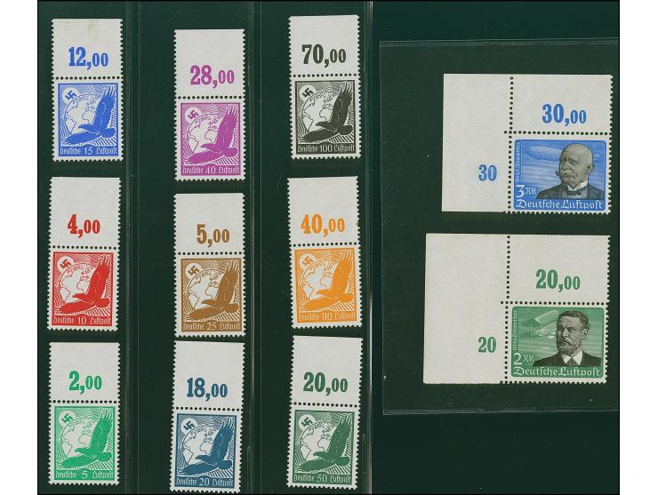 1934, Flugpost 5 Pfg.-3 M. mit liegendem Wasserzeichen komplett, bis 100 Pfg. je mit Oberrand, die beiden Höchstwerte jeweils