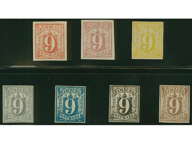 9 Sch., 7 verschiedene Farbproben auf ungummiertem Papier ohne Wasserzeichen, teils kleine Mängel, sehr selten