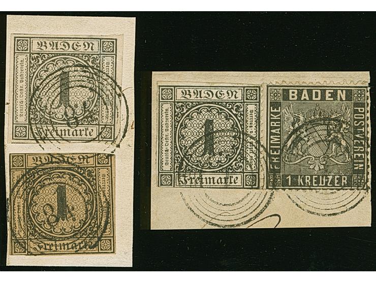 1 Kr. schwarz in jeweils wertstufengleicher Mischfrankatur mit 1851, 1 Kr. auf braun sowie 1860, 1 Kr. schwarz, je auf Briefs