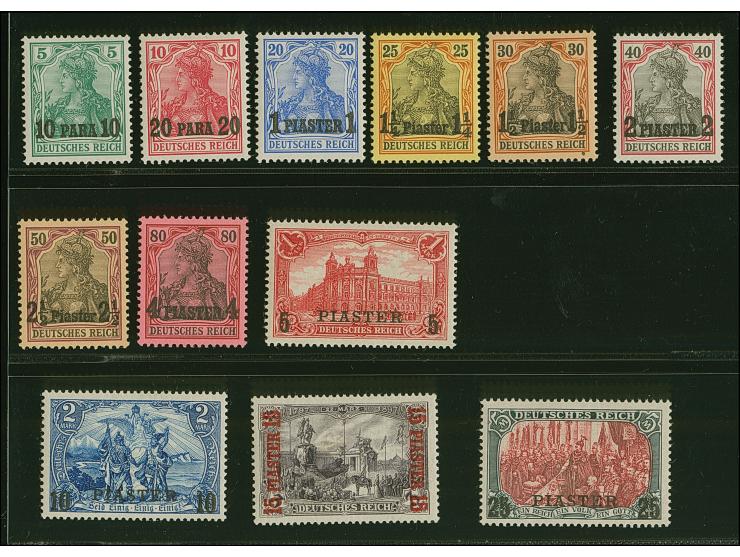 1905, Probedrucke 10 Pa. auf 5 Pfg. bis 25 Pia. auf 5 M. Germania ohne Wasserzeichen mit Aufdruck der Reichspost-Ausgabe von 