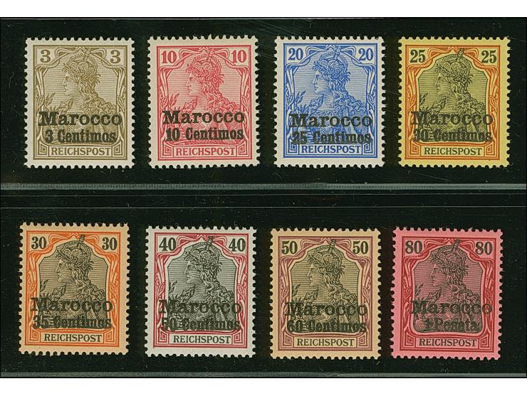 Amtlich nicht ausgegeben: 1903, 3 C. auf 3 Pfg. und 10 C. auf 10 Pfg. bis 1 P. auf 80 Pfg. je mit fettem Aufdruck, sind farbf