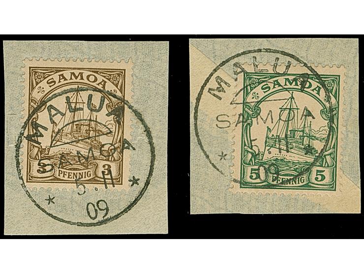 “MALUA SAMOA 5.11.09” zweimal klar auf Kaiseryacht 3 und 5 Pfg. auf zwei Briefstücken, in einwandfreier Erhaltung, jeweils mi