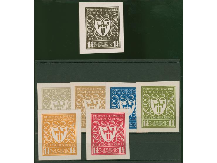 1922, Gewerbeschau München 1 ¼ Mark, sieben verschiedenfarbige ungezähnte Essays im Großformat auf Kunstdruckpapier ohne Gumm