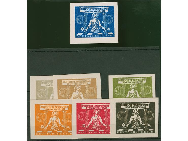 1922, Gewerbeschau München 20 Mark, sieben verschiedenfarbige ungezähnte Essays im Großformat auf Kunstdruckpapier ohne Gummi